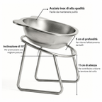 Infografica ciotola per gatti: acciaio inox di alta qualità, inclinazione di 15°, 5 cm di profondità per ridurre l'affaticamento dei baffi, 11 cm di altezza