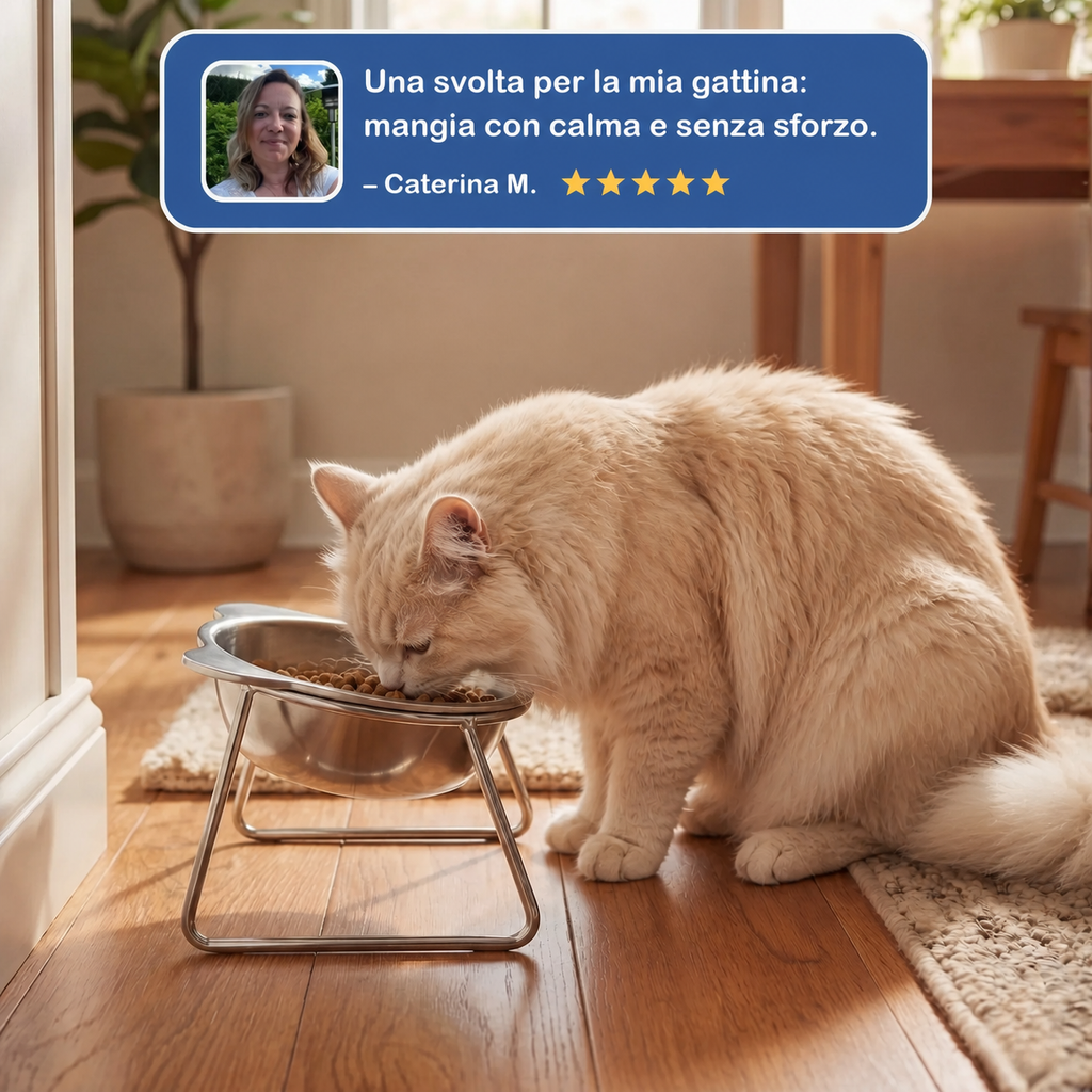 Recensione cliente: una svolta per la mia gattina, mangia con calma e senza sforzo