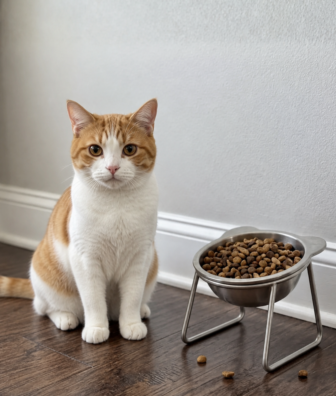 Gatto bianco e rosso accanto alla ciotola rialzata Comodea