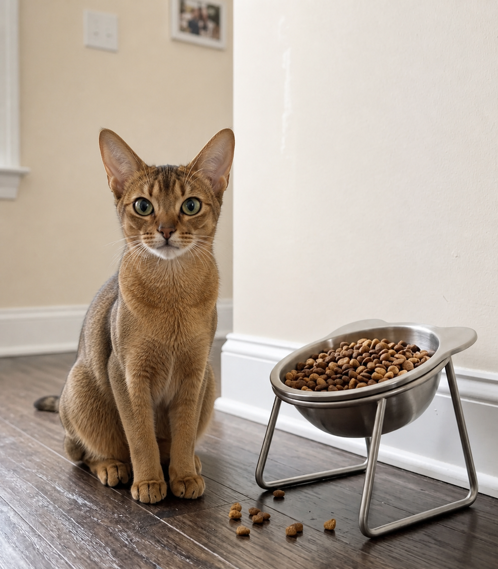 Gatto accanto alla ciotola rialzata Comodea su supporto in acciaio