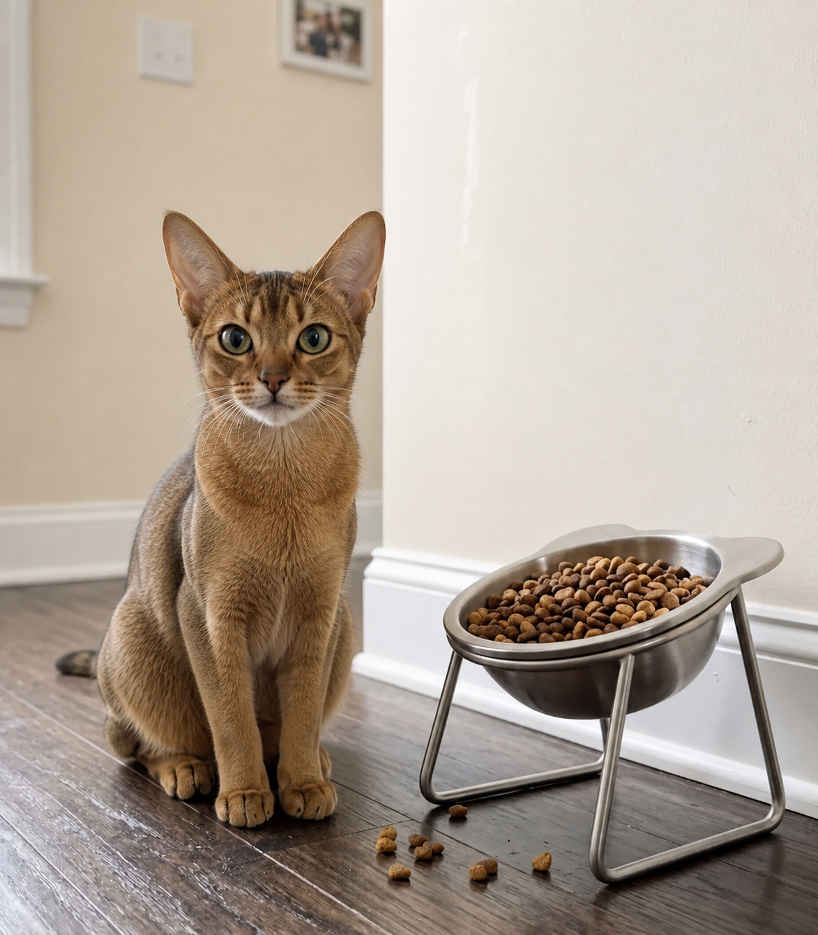 Gatto accanto alla ciotola rialzata Comodea su supporto in acciaio