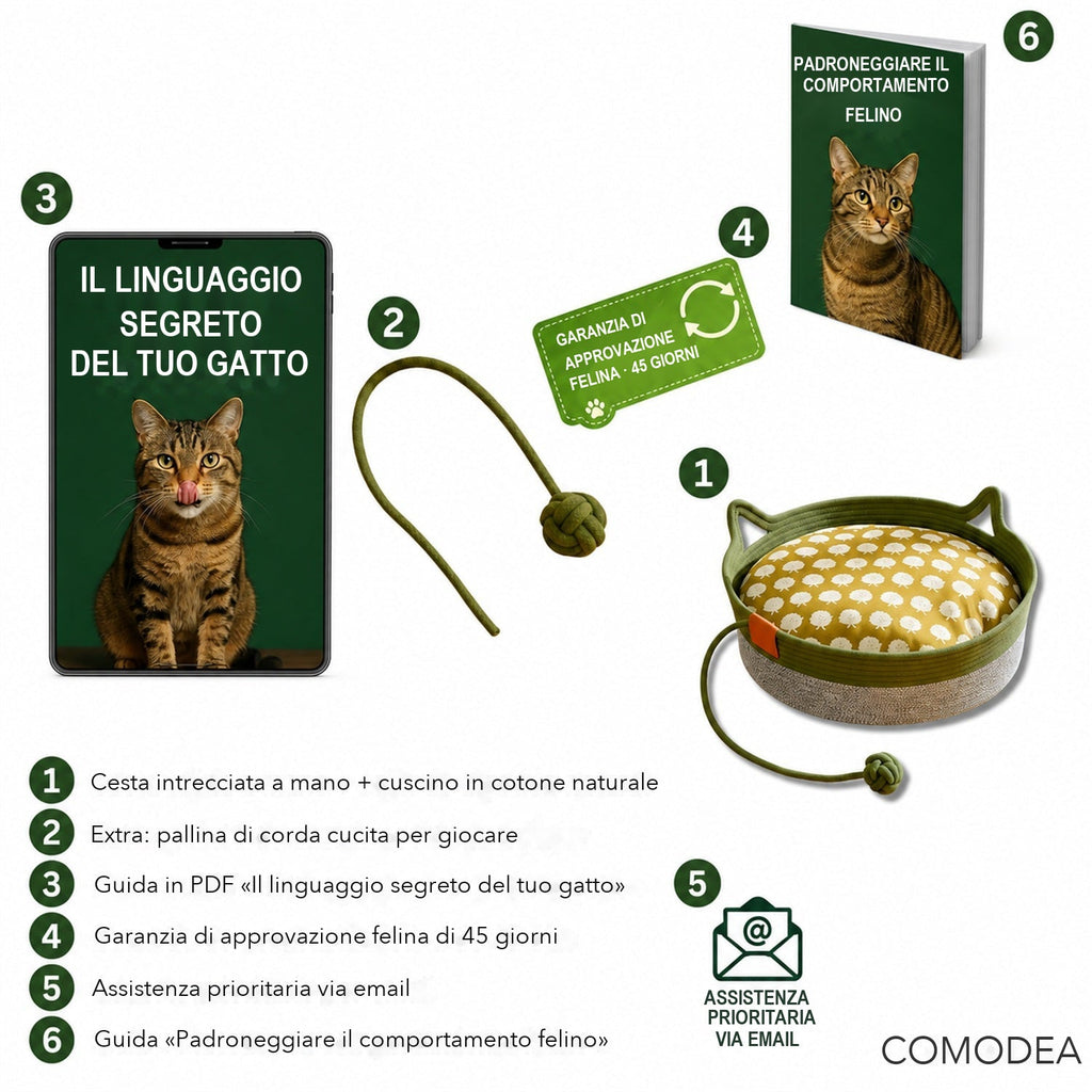 Contenuto della confezione Cesta Istinto: cesta, cuscino in cotone, pallina di corda e due guide in PDF