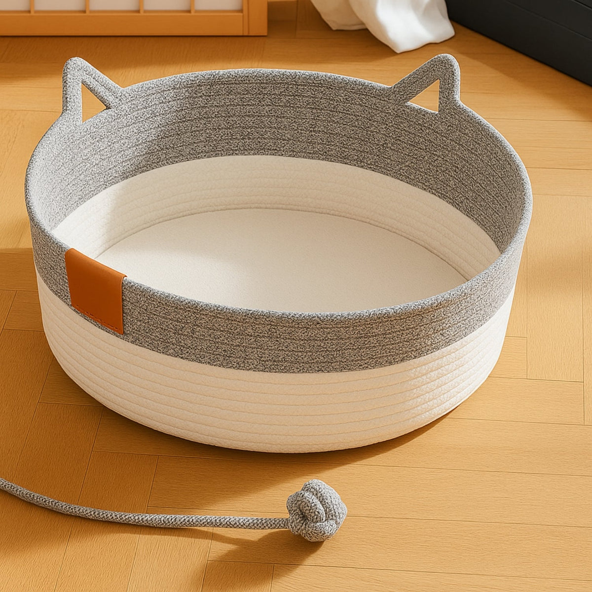 Cesta Istinto color Grigio vista di tre quarti, con cordino e pallina di corda