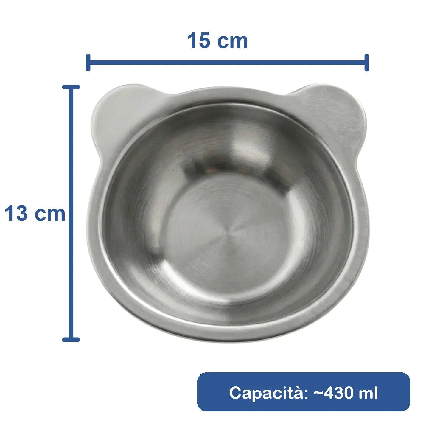 Dimensioni ciotola per gatti: 15 cm × 13 cm, capacità ~430 ml